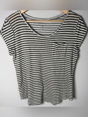 LOFT Linen Stripe Pocket Tee Olive Green White Cap Sleeve Coastal Vacation M